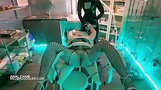 Young busty blonde gets ass fucked in the anal gyno chair