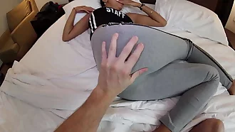 Tiny Asian Girl In Yoga Pant Gets Fucked and I Cum On Her Hair Pussy
